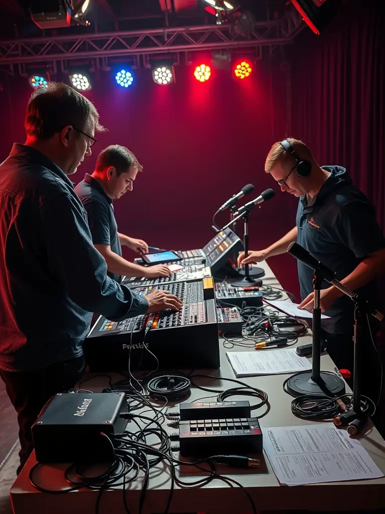 A dynamic image of a stage being set up for a performance, highlighting the technical support provided by ASSOCIATION SHOW SON.