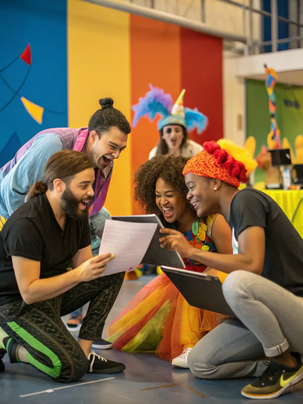 A photograph capturing a diverse group of performers during a rehearsal, showcasing the collaborative and creative environment fostered by ASSOCIATION SHOW SON.